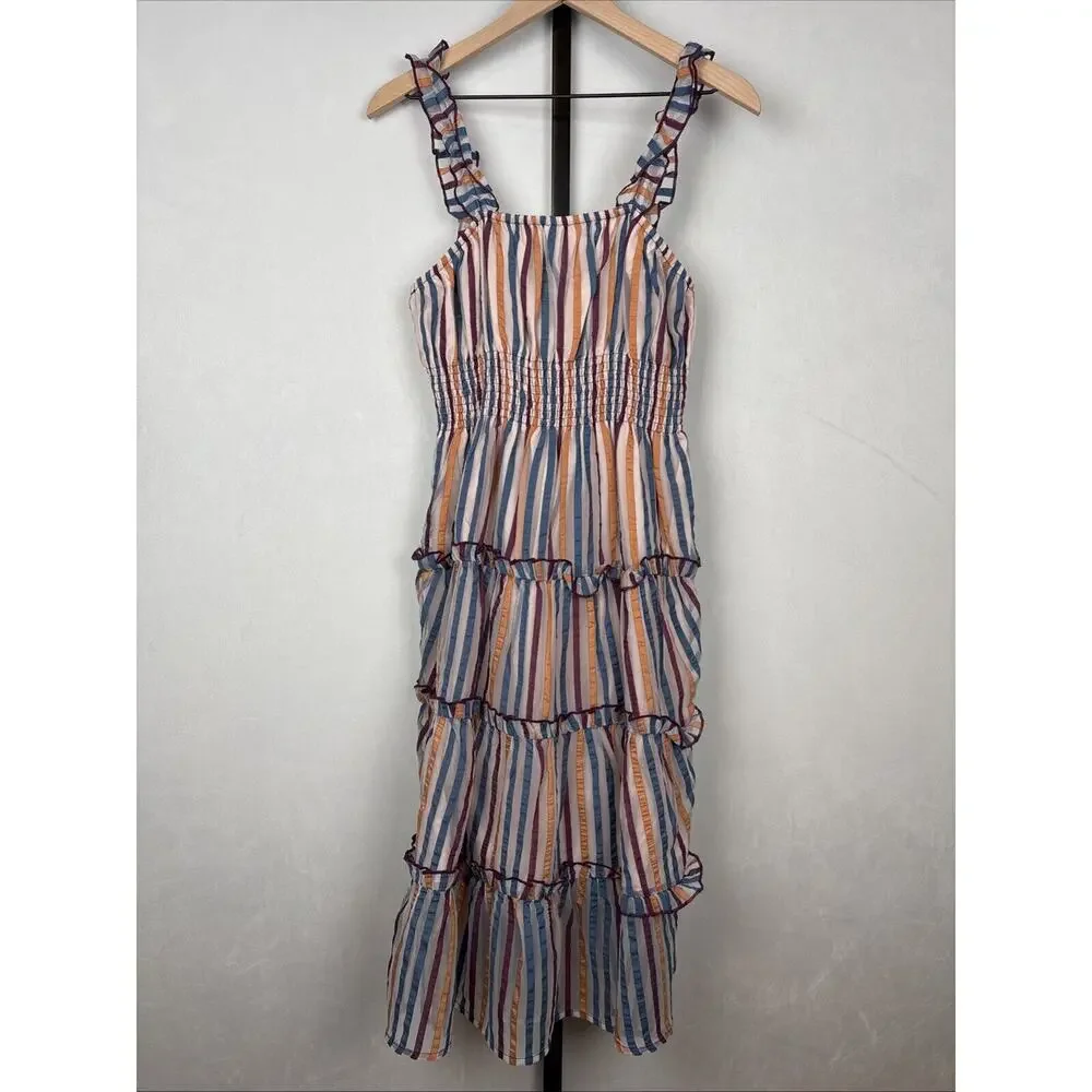 Tularosa Revolve Ingrid Dress M Colorful Striped Ruffled Smocked Fit and Flare - Picture 2 of 12